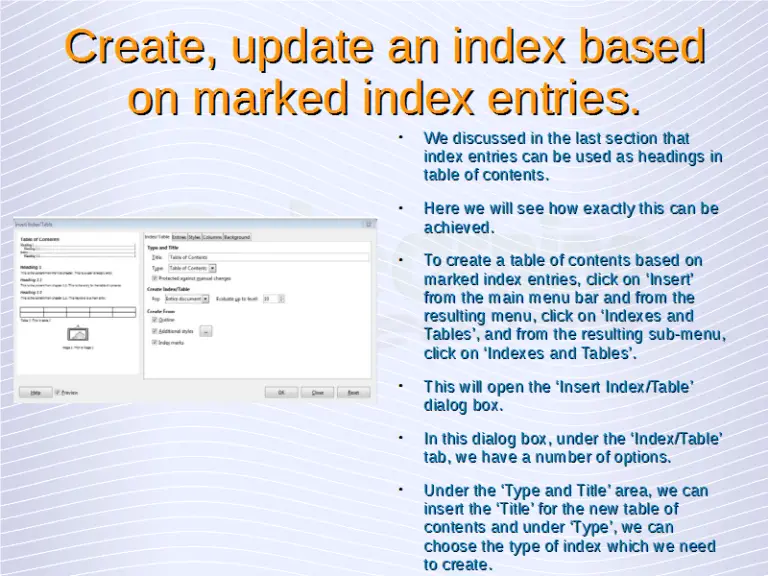 Advanced Word Processing Index Entry